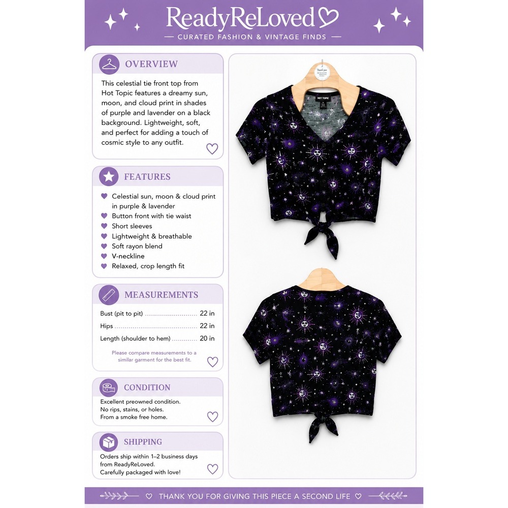 Hot Topic Celestial Tie Front Crop Top XL Purple Sun Moon Witchy - Picture 8 of 8